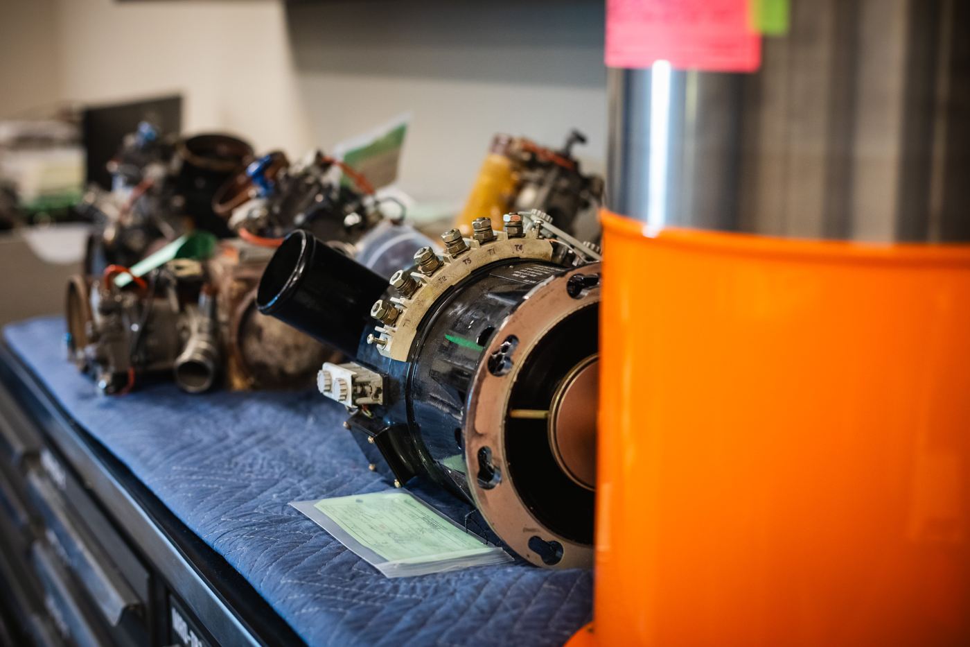 A turbine assembly on a maintenance stand